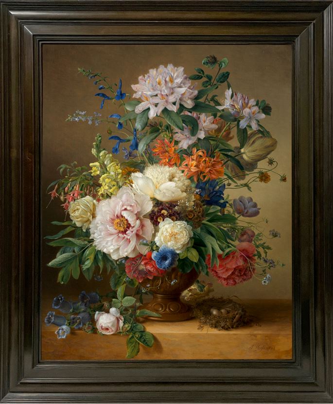 Anton Weiss - A peony, rhododendron, azalea, antirrhinum and larkspur in a  sculpted urn on a stone ledge with a bird’s nest | MasterArt